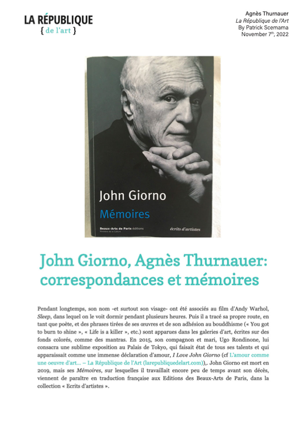 John Giorno, Agns Thurnauer: correspondances et mmoires - La Rpublique de l'art